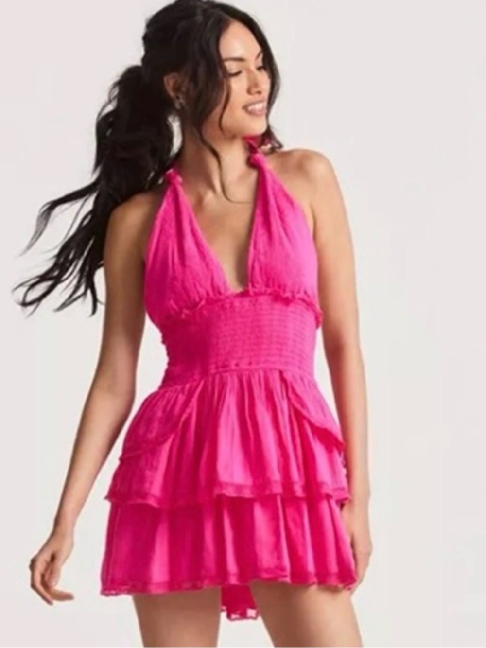 LoveShackFancy Hot Pink Halter Tiered Mini Dress
